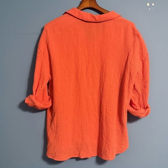 MAGASCHONI Organic Cotton Button Shirt Womens Sm Orange Roll Tab Sleeve Oversize - Picture 5 of 5